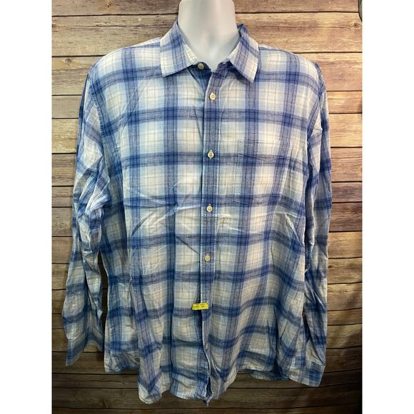 Gap Men’s Plaid Linen Blend Blue Button Down Classic Shirt Long Sleeve XL - Picture 1 of 8